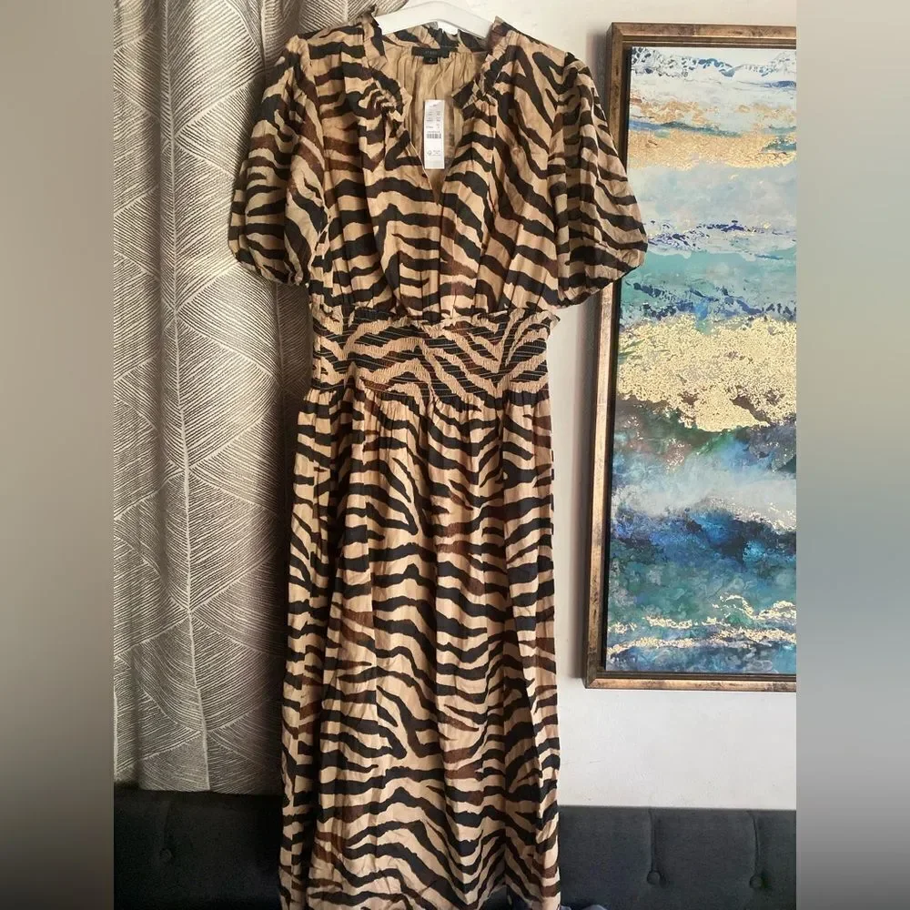 J. Crew Midi Dress Women's Zebra Print Smocked Waist Short Sleeve Sz Small NWT